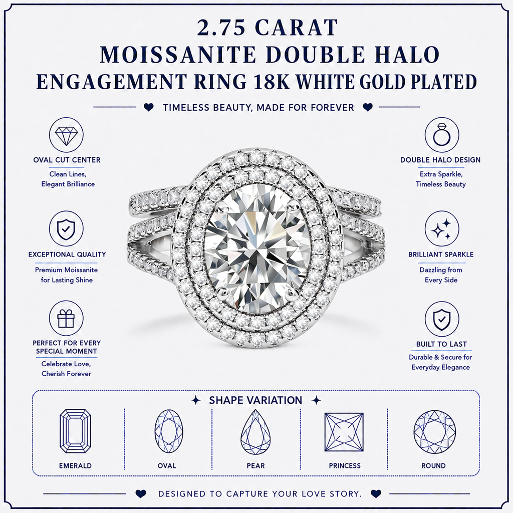 JeenMata 2.75 Carat Oval Cut Moissanite Double Halo Split Shank Engagement Ring Set in 18K White Gold Plated for Women
