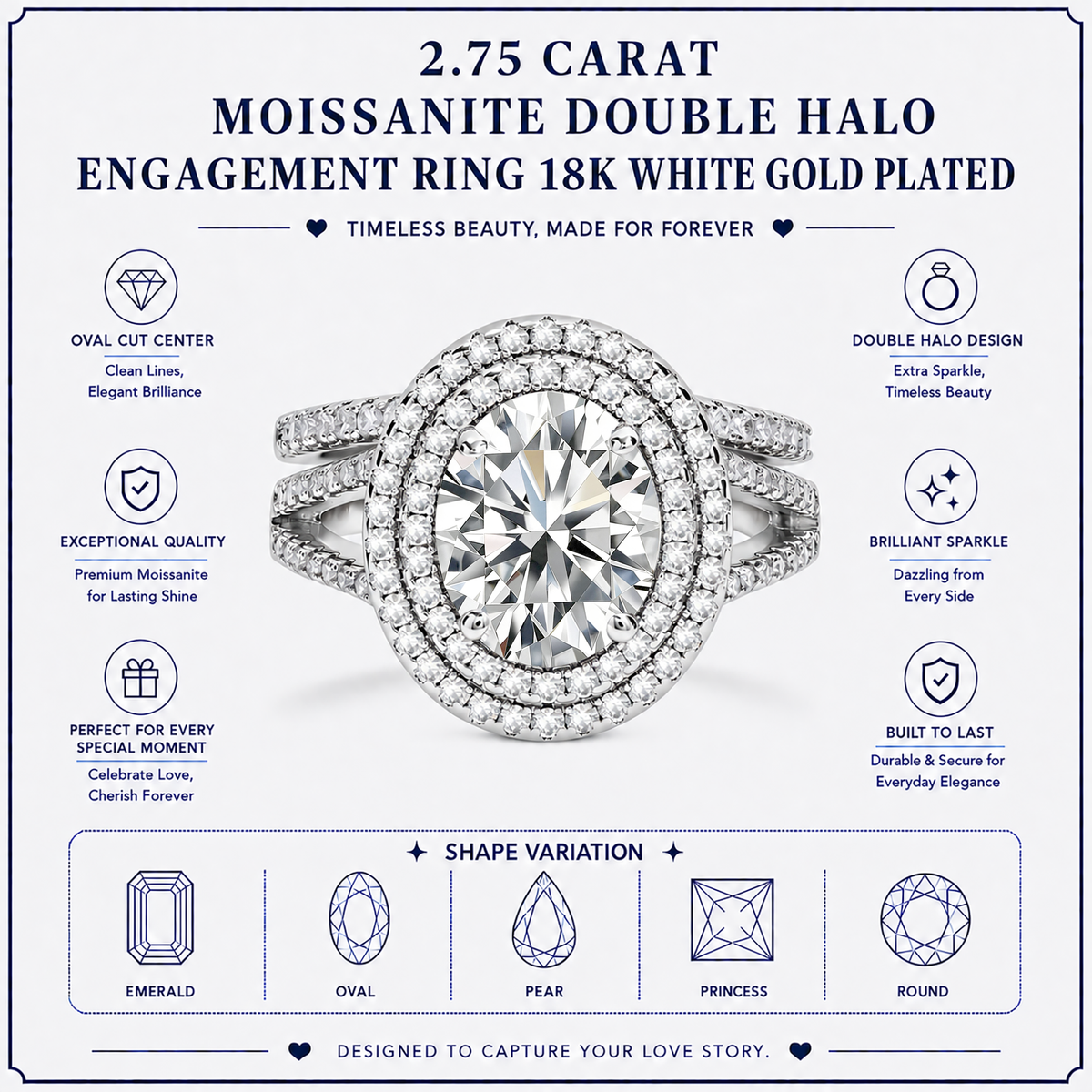 JeenMata 2.75 Carat Oval Cut Moissanite Double Halo Split Shank Engagement Ring Set in 18K White Gold Plated for Women