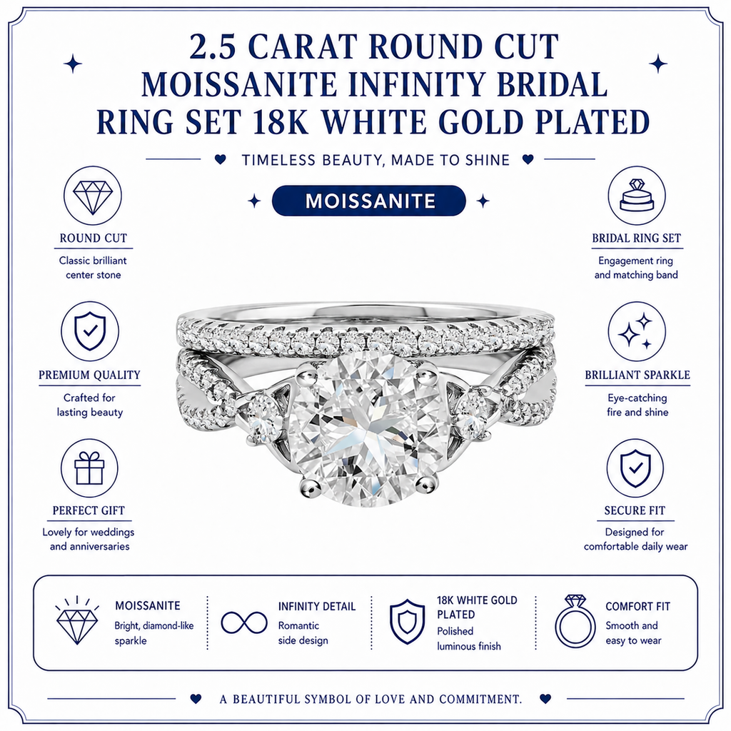 JeenMata 2.5 Carat Round Brilliant Cut Moissanite - Infinity Bridal Ring Set in 18K White Gold Plating for Women