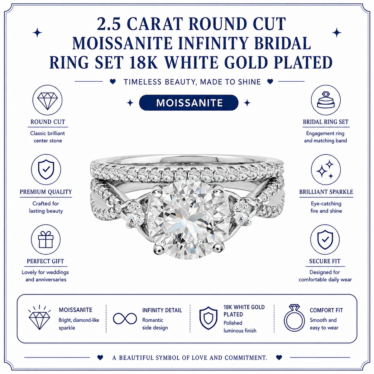 JeenMata 2.5 Carat Round Brilliant Cut Moissanite - Infinity Bridal Ring Set in 18K White Gold Plating for Women