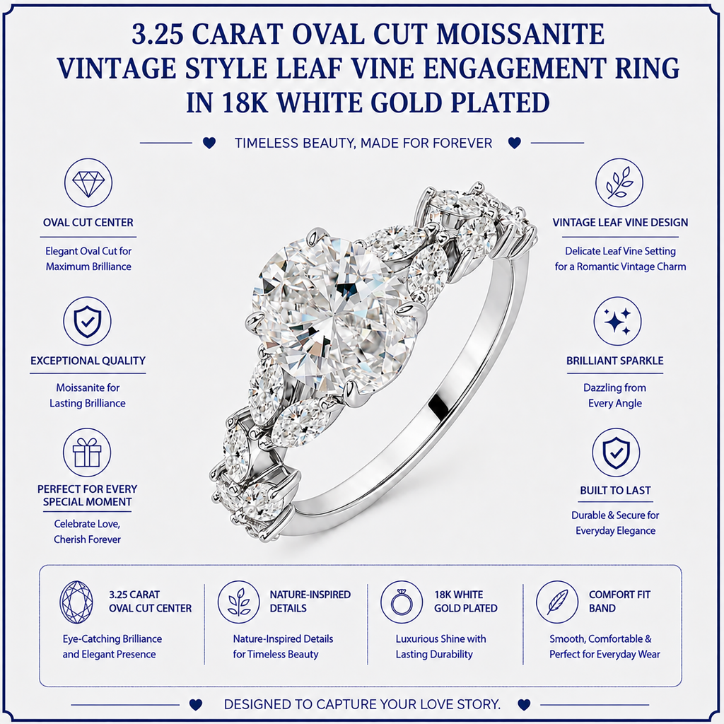 JeenMata 3.25 Carat Oval Cut Moissanite Vintage Style Leaf Vine Engagement Ring in 18K White Gold Plated for Women