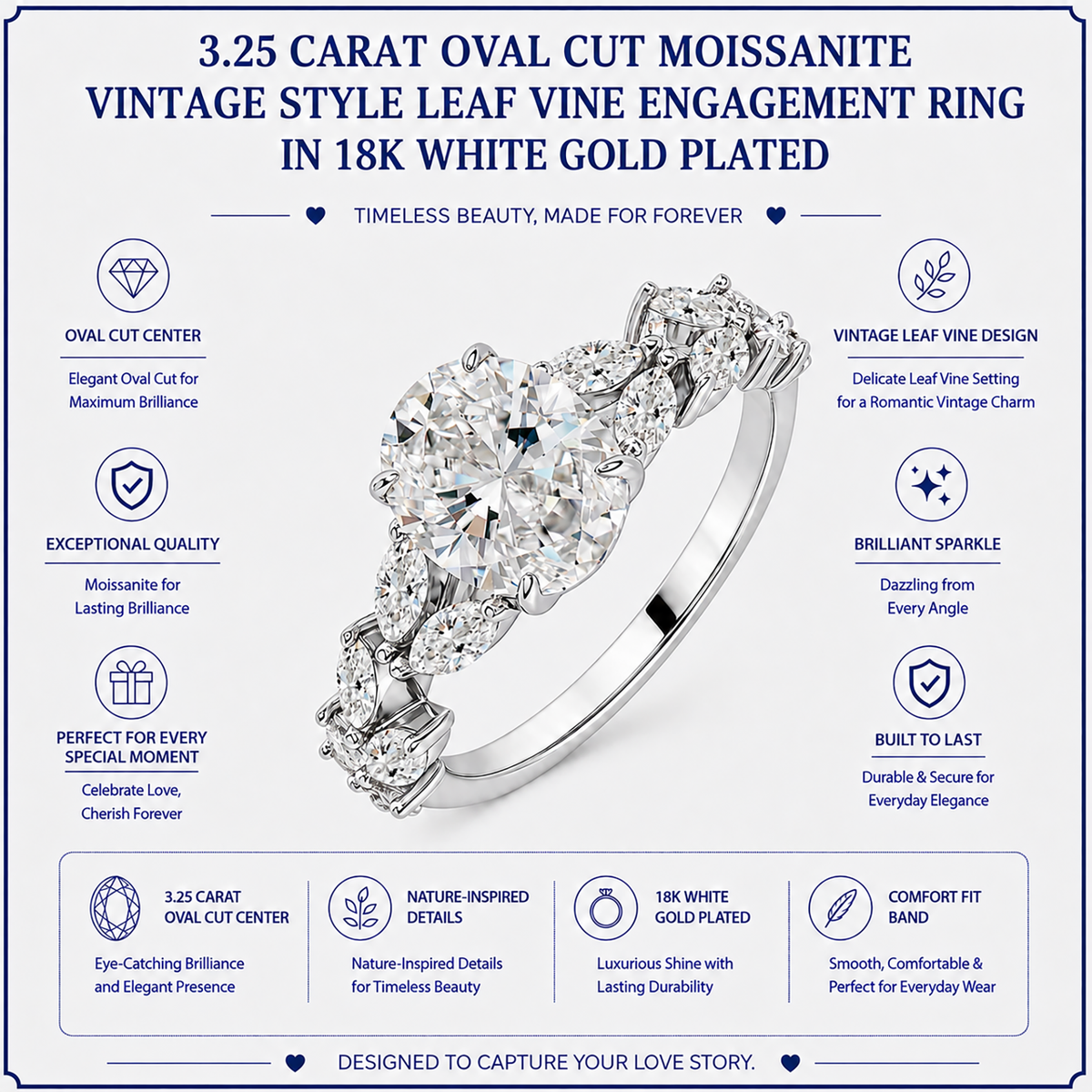 JeenMata 3.25 Carat Oval Cut Moissanite Vintage Style Leaf Vine Engagement Ring in 18K White Gold Plated for Women