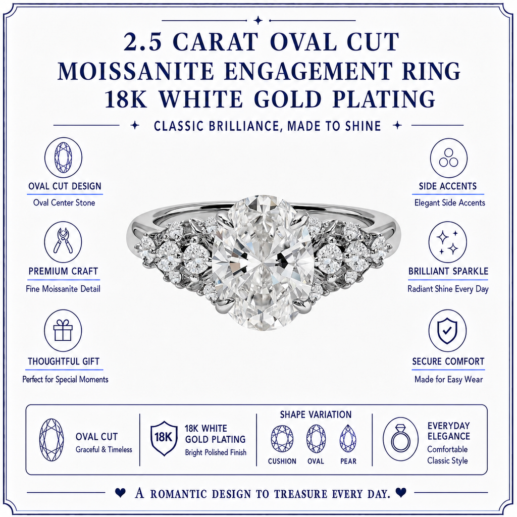 JeenMata 2.5 Carat Oval Cut Moissanite - Multi-Stone Engagement Ring in 18K White Gold Plating for Women