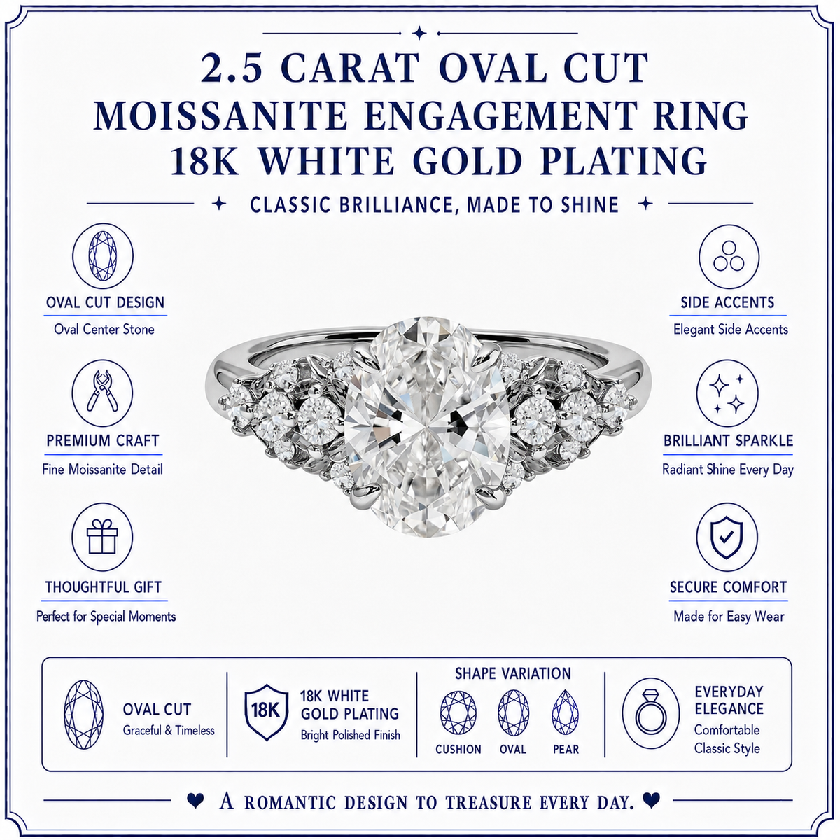 JeenMata 2.5 Carat Oval Cut Moissanite - Multi-Stone Engagement Ring in 18K White Gold Plating for Women