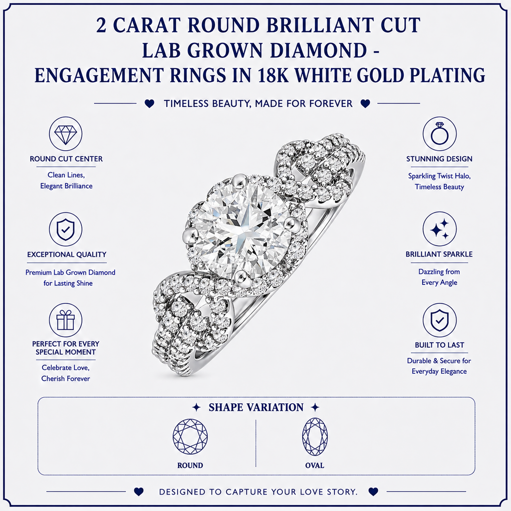 JeenMata 2 Carat Round Brilliant Cut Lab Grown Diamond - Engagement Rings in 18K White Gold Plating for Women