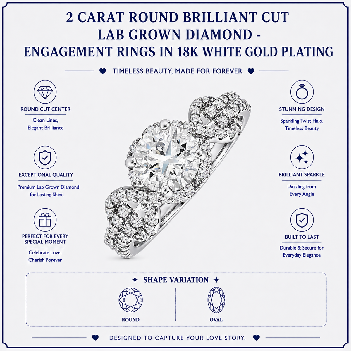 JeenMata 2 Carat Round Brilliant Cut Lab Grown Diamond - Engagement Rings in 18K White Gold Plating for Women