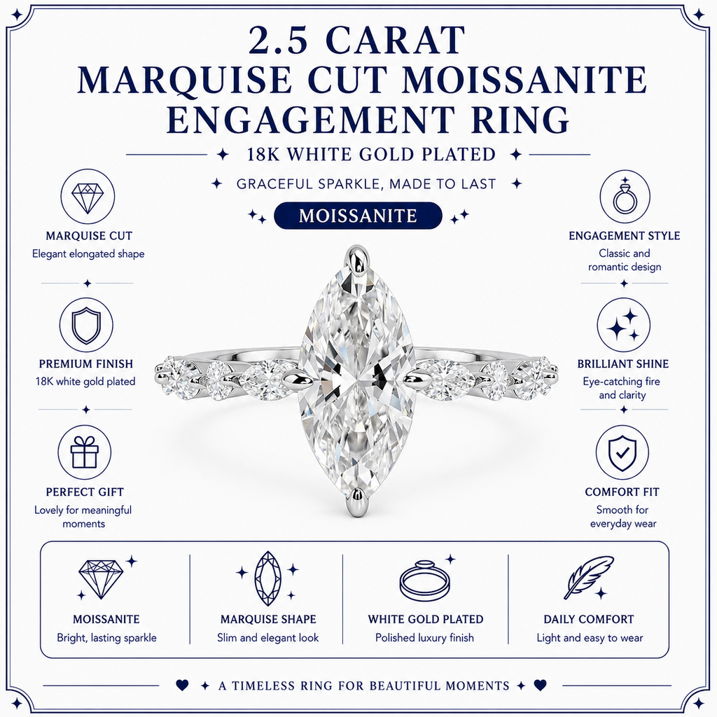 JeenMata 2.50 Carat Marquise Cut Moissanite Engagement Ring for Her, Solitaire Marquise Ring with Round & Marquise Side Stones in 18K White Gold Plating for Women