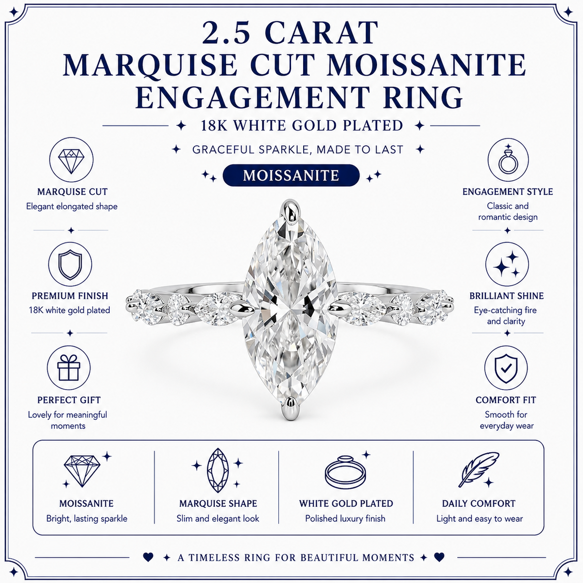 JeenMata 2.50 Carat Marquise Cut Moissanite Engagement Ring for Her, Solitaire Marquise Ring with Round & Marquise Side Stones in 18K White Gold Plating for Women
