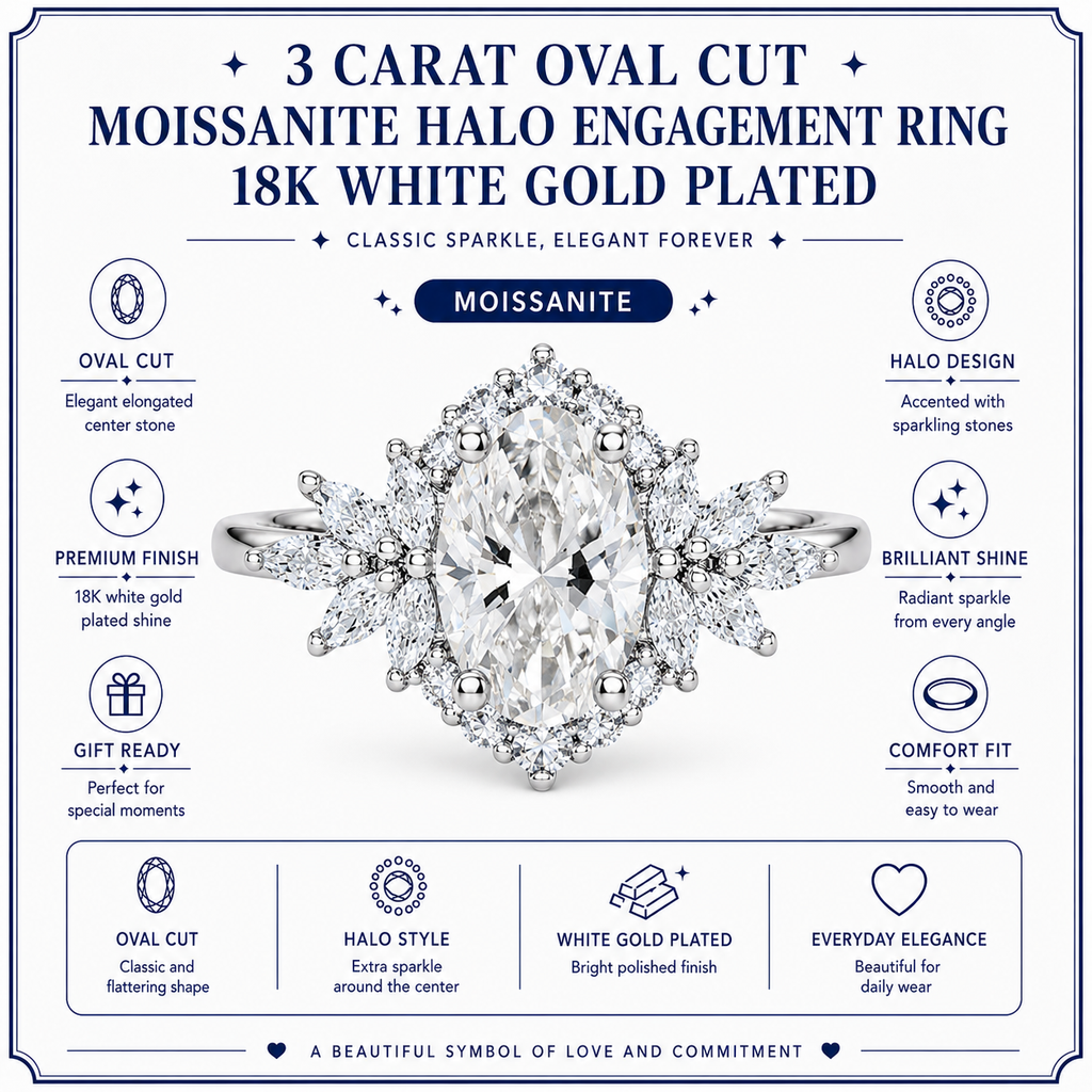 JeenMata 3 Carat Oval Cut Moissanite - Halo Engagement Ring in 18K White Gold Plating for Women