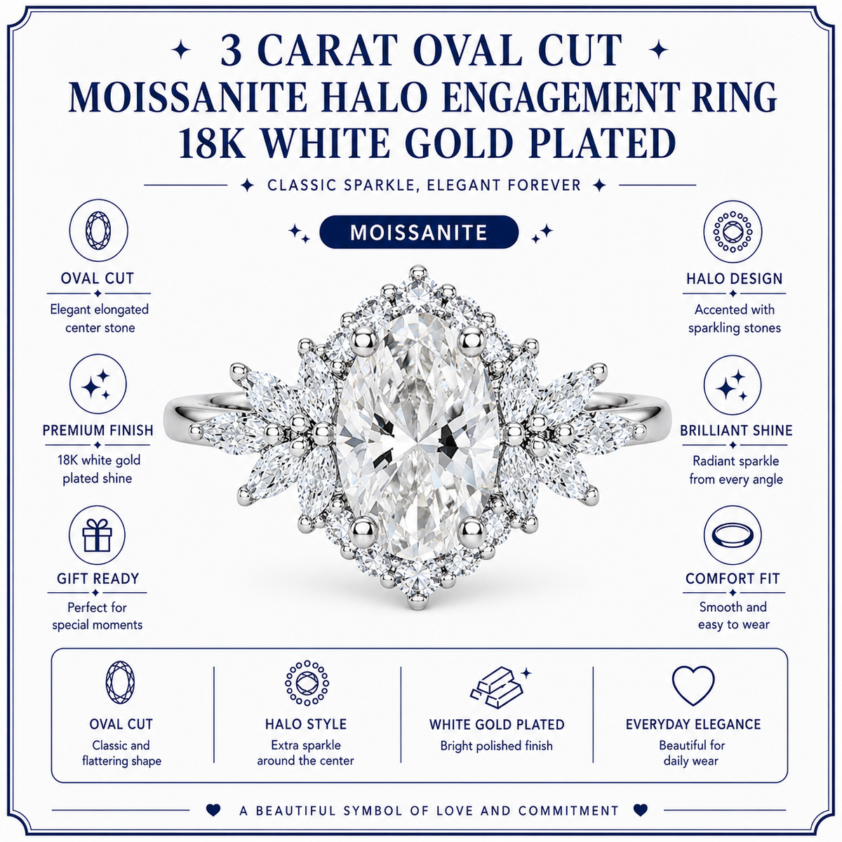 JeenMata 3 Carat Oval Cut Moissanite - Halo Engagement Ring in 18K White Gold Plating for Women