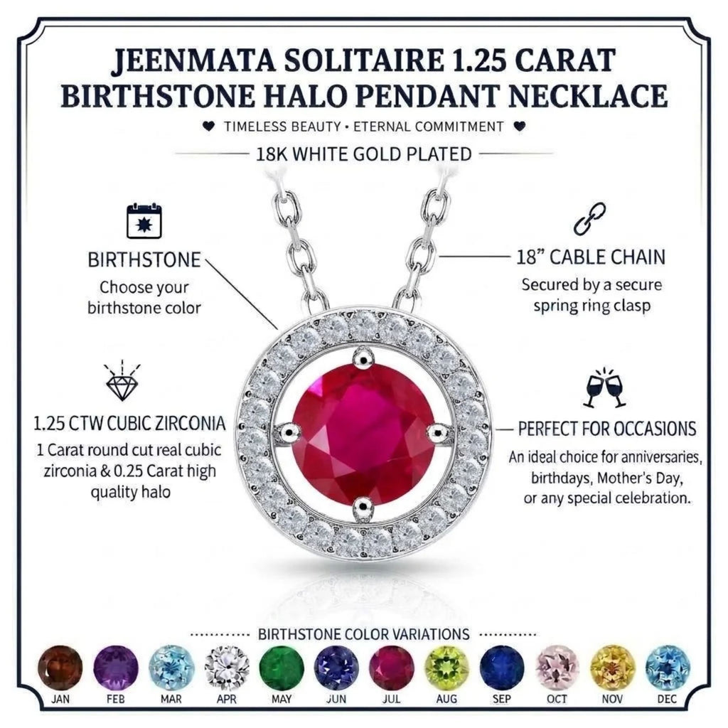 JeenMata Solitaire 1.25 Carat Round Cut - Ruby - July Birthstone Halo Pendant Necklace in White Gold Plating, Adult, Female
