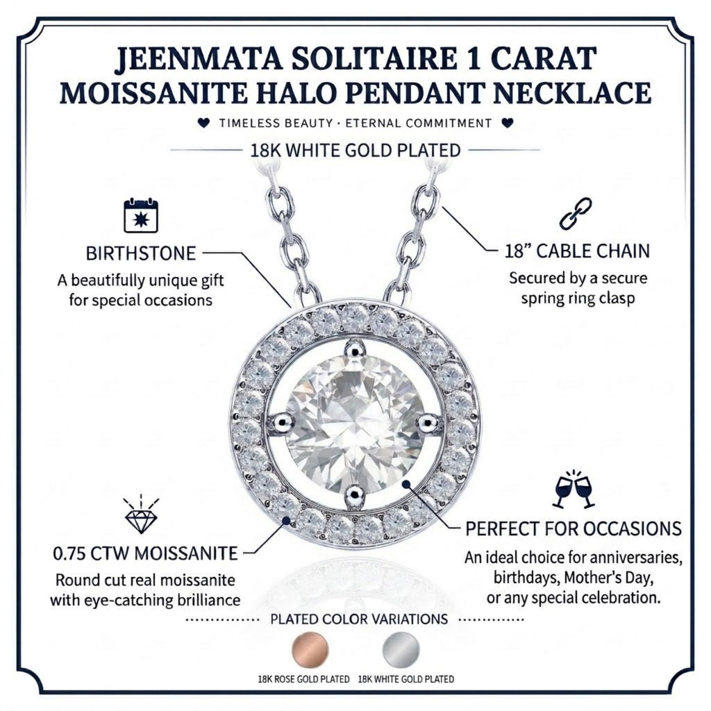 JeenMata 1 Carat Round Halo Pendant Necklace for Women, April Birthstone Moissanite, Necklace for Woman, Jewelry Gift for Her