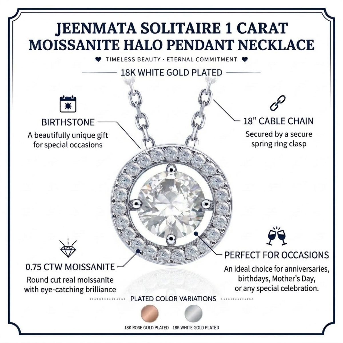 JeenMata 1 Carat Round Halo Pendant Necklace for Women, April Birthstone Moissanite, Necklace for Woman, Jewelry Gift for Her