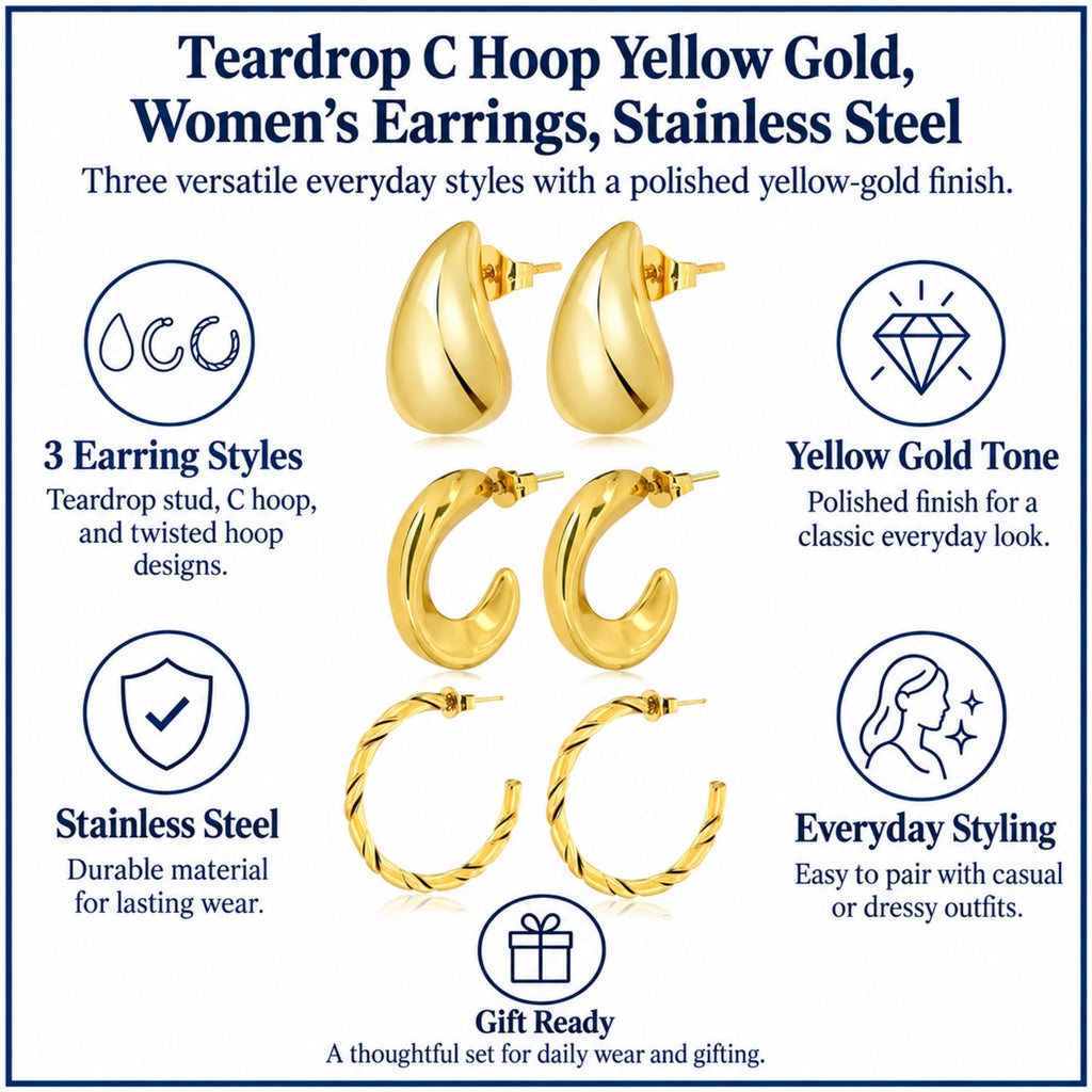 JeenMata Teardrop C Hoop Yellow Gold, Women's Earrings, Stainless Steel, 3 Counts