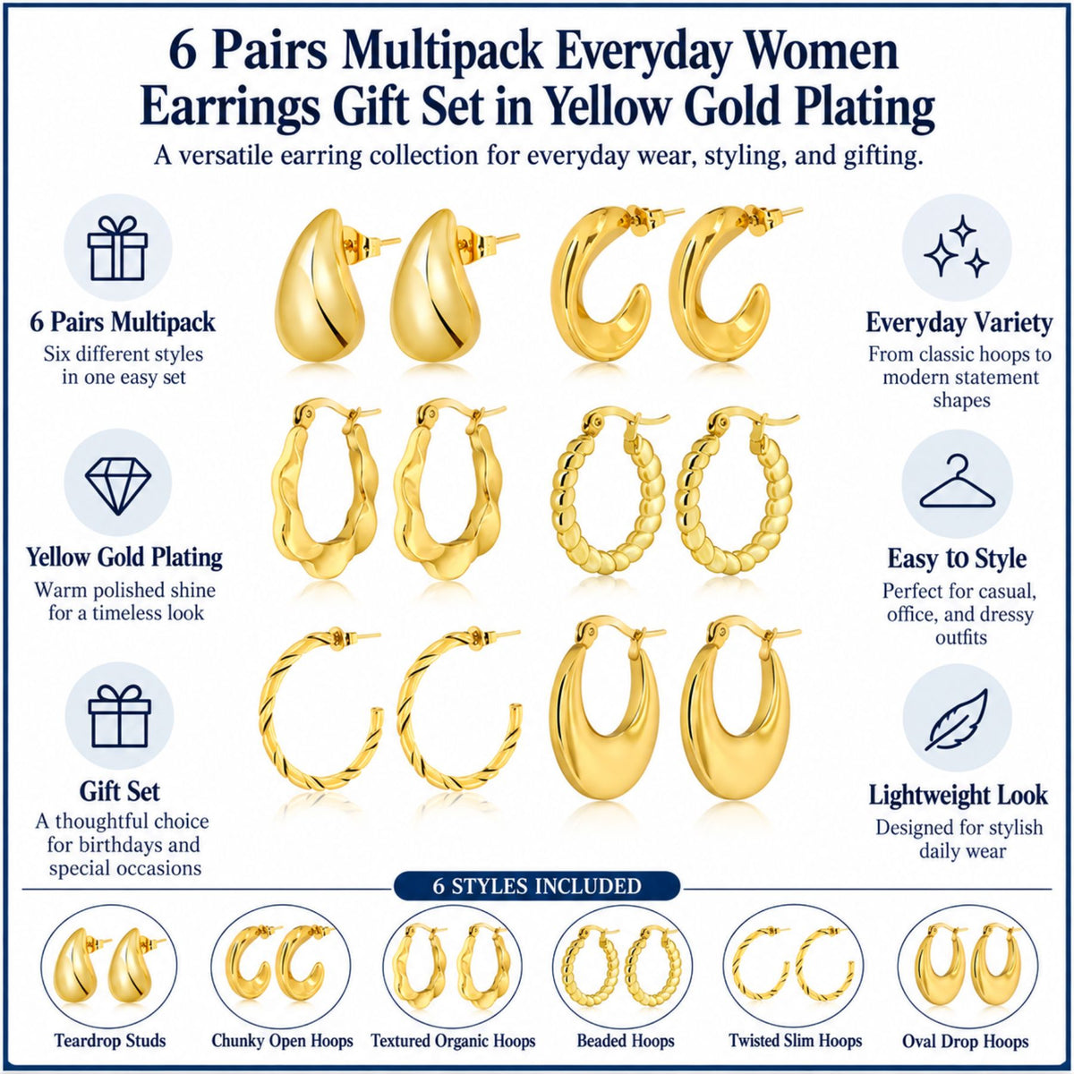 JeenMata 6 Pairs Multipack Everyday Women Earrings Gift Set in Yellow Gold Plating, Thick Open, Lightweight, Hoop Hypoallergenic Twisted Earrings for Women