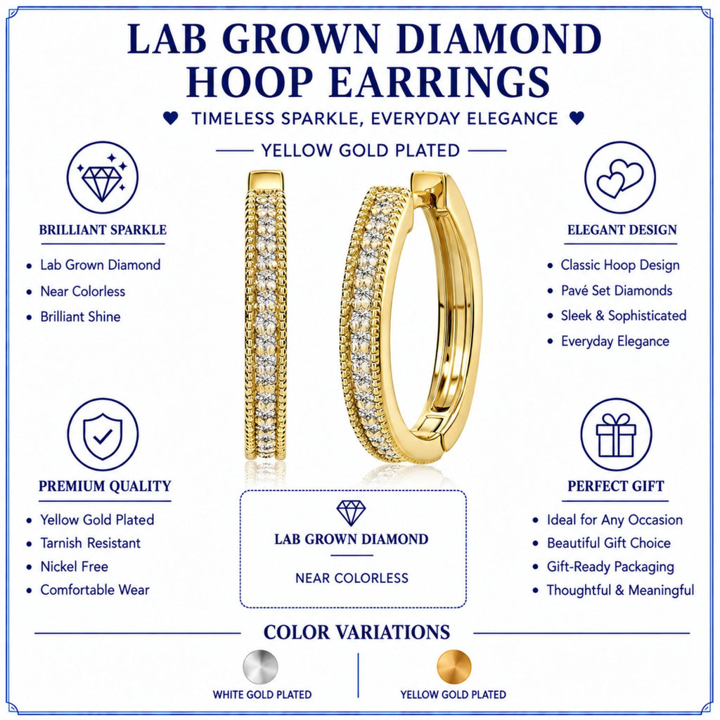 JeenMata Lab Grown Diamond Hoop Earrings - Round Cut Classic Earrings in Yellow Gold Plating for Women