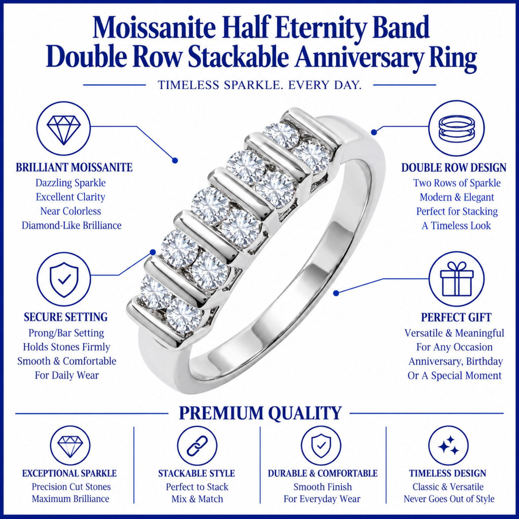 JeenMata Moissanite Half Eternity Band - Double Row Stackable Anniversary Ring for Women in 18K White Gold Plating, Gift for Her, Gift for Women