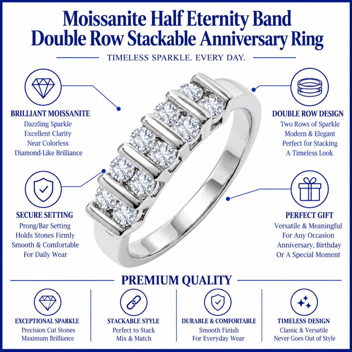 JeenMata Moissanite Half Eternity Band - Double Row Stackable Anniversary Ring for Women in 18K White Gold Plating, Gift for Her, Gift for Women