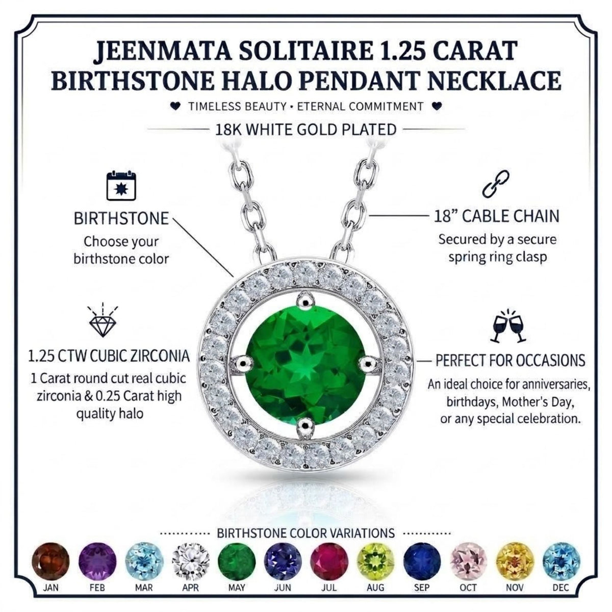 JeenMata Solitaire 1.25 Carat Round Cut - Emerald - May Birthstone Halo Pendant Necklace in White Gold Plating, Adult, Female