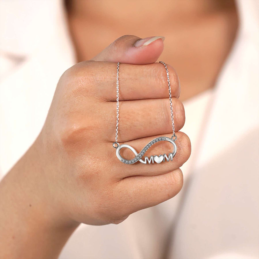 JeenMata Infinity Mom Moissanite Pendant Necklace in 18K White Gold over Silver
