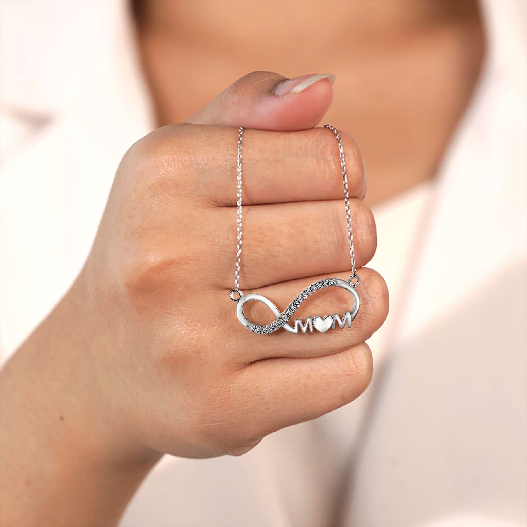 JeenMata Infinity Mom Moissanite Pendant Necklace in 18K White Gold over Silver