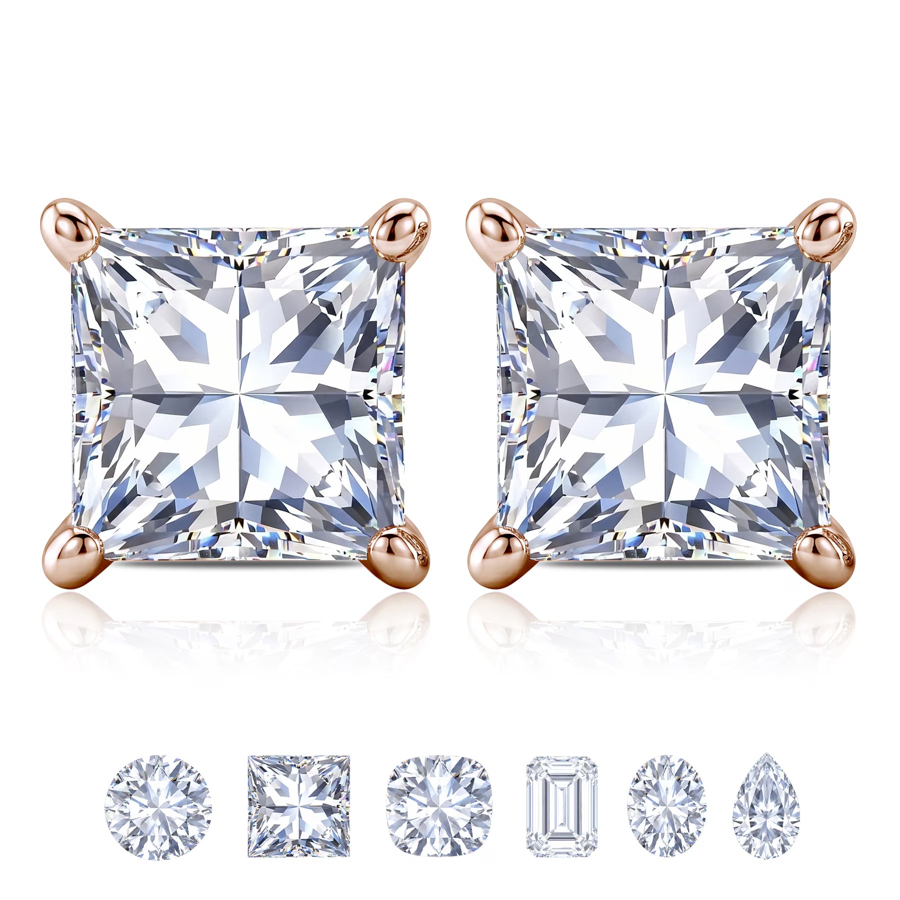JeenMata 0.5 Carat Princess Cut Moissanite 4 Prong Solitaire Stud Earrings in 18k Rose Gold Plating for Women