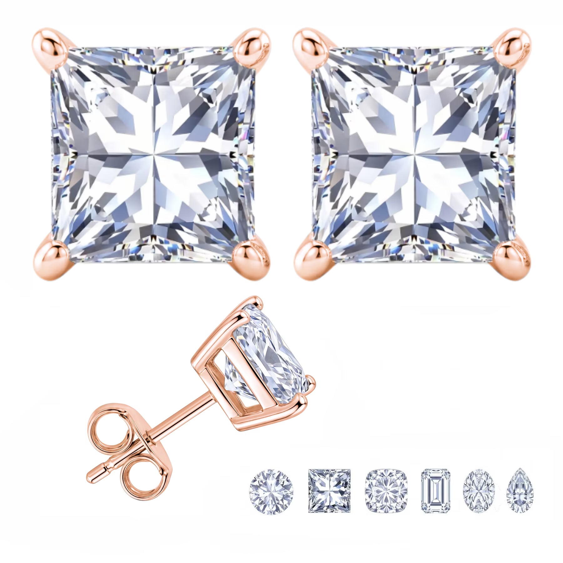 JeenMata 0.5 Carat Princess Solitaire Moissanite Stud Earrings for Women, Earrings for Men, 18K Rose Gold Plated, Hypoallergenic Earrings, D VS1, Stud Earring for Woman, Jewelry, Gift, Earrings