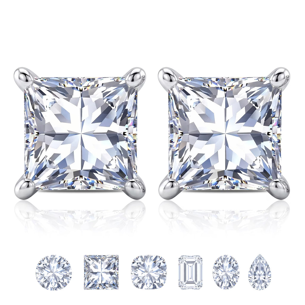 JeenMata 0.5 Carat Princess Cut Moissanite 4 Prong Solitaire Stud Earrings in 18k White Gold Plating for Women