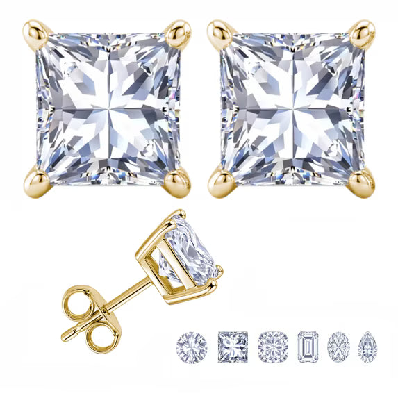 JeenMata 0.5 Carat Princess Solitaire Moissanite Stud Earrings for Women, Earrings for Men, 18K Yellow Gold Plated, Hypoallergenic Earrings, D VS1, Stud Earring for Woman, Jewelry, Gift, Earrings