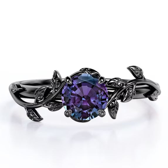 JeenMata 0.50 Carat - Round Cut Lab Created Alexandrite Ring - Leaf & Vine Engagement Ring - 18K Black Gold Plating for Women