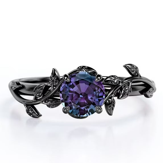 JeenMata 0.50 Carat - Round Cut Lab Created Alexandrite Ring - Leaf & Vine Engagement Ring - 18K Black Gold Plating for Women