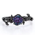 JeenMata 0.50 Carat - Round Cut Lab Created Alexandrite Ring - Leaf & Vine Engagement Ring - 18K Black Gold Plating for Women