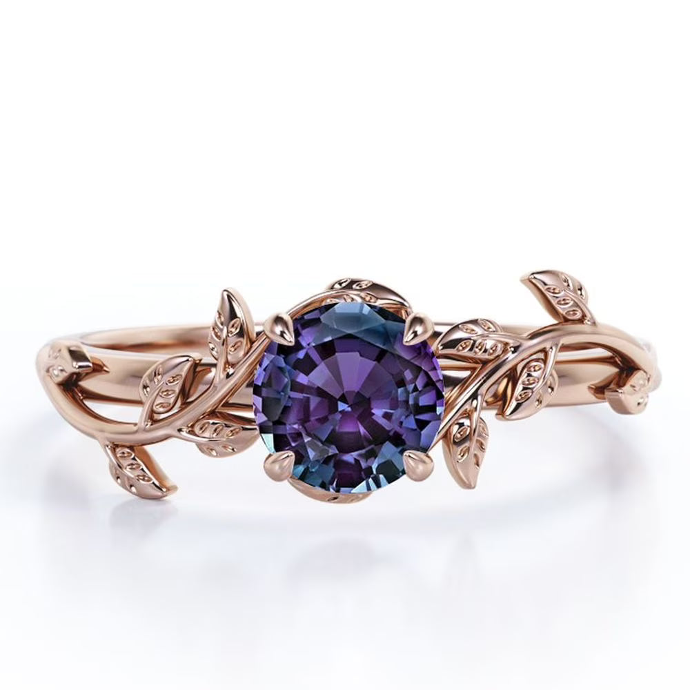JeenMata 0.50 Carat - Round Cut Lab Created Alexandrite Ring - Leaf & Vine Engagement Ring - 18K Rose Gold Plating for Women