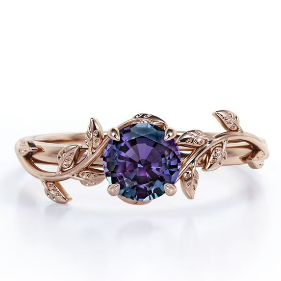 JeenMata 0.50 Carat - Round Cut Lab Created Alexandrite Ring - Leaf & Vine Engagement Ring - 18K Black Gold Plating for Women