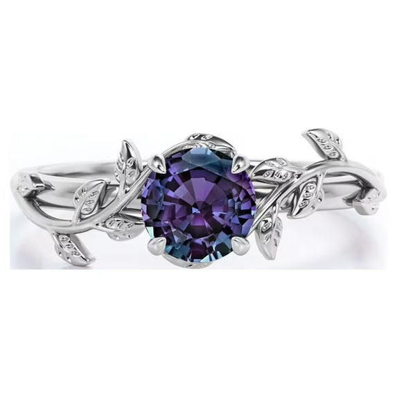 JeenMata 0.50 Carat - Round Cut Lab Created Alexandrite Ring - Leaf & Vine Engagement Ring - 18K Black Gold Plating for Women
