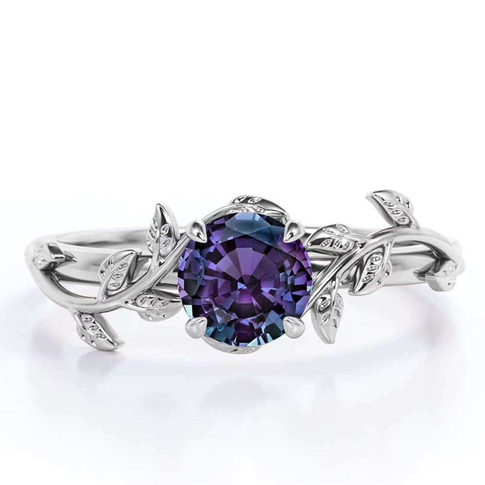 JeenMata 0.50 Carat - Round Cut Lab Created Alexandrite Ring - Leaf & Vine Engagement Ring - 18K White Gold Plating for Women