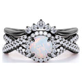 JeenMata 1 Carat Vintage Round Cut Blue Lab Created Opal and Moissanite Wedding Ring Set in 18K Black Gold Plating for Women