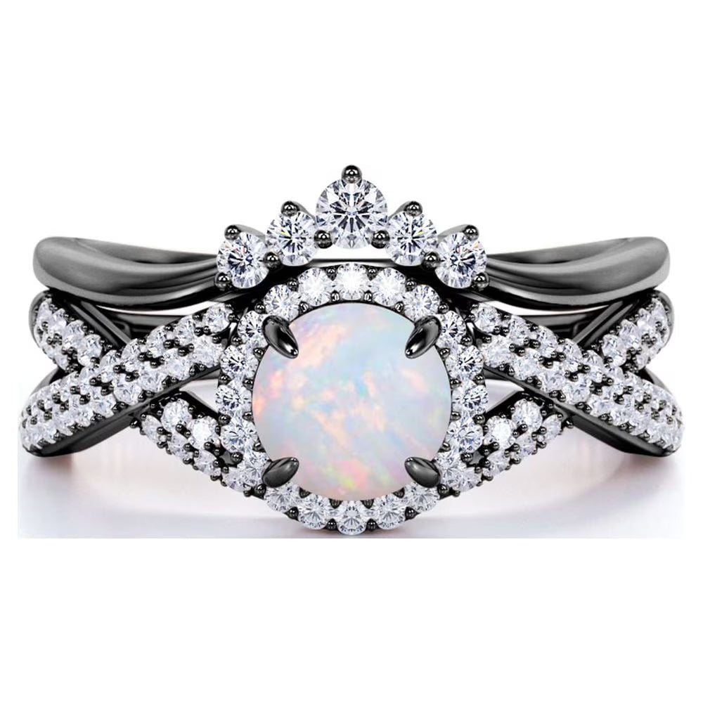 JeenMata 1 Carat Vintage Round Cut Blue Lab Created Opal and Moissanite Wedding Ring Set in 18K Black Gold Plating for Women