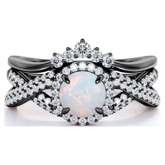 JeenMata 1 Carat Vintage Round Cut Blue Lab Created Opal and Moissanite Wedding Ring Set in 18K White Gold Plating for Women