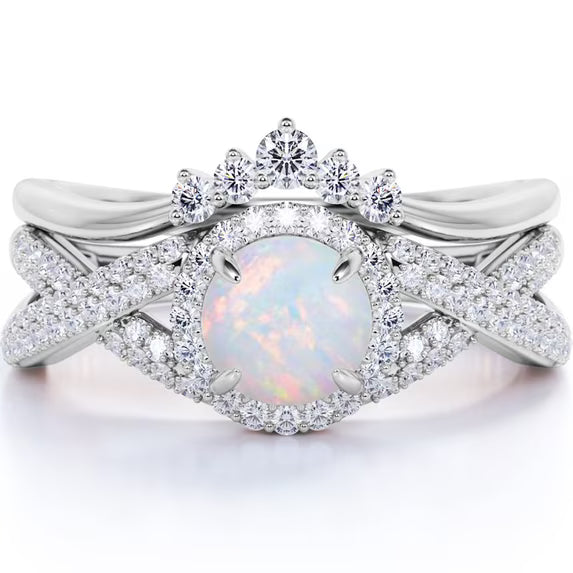 JeenMata 1 Carat Vintage Round Cut Blue Lab Created Opal and Moissanite Wedding Ring Set in 18K White Gold Plating for Women