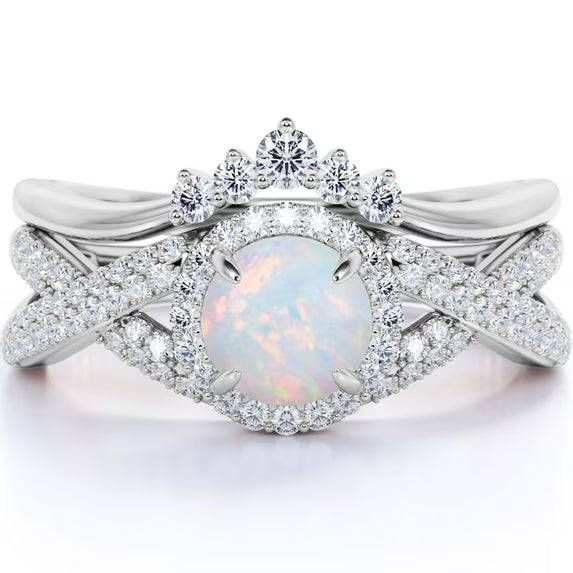 JeenMata 1 Carat Vintage Round Cut Blue Lab Created Opal and Moissanite Wedding Ring Set in 18K White Gold Plating for Women