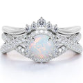 JeenMata 1 Carat Vintage Round Cut Blue Lab Created Opal and Moissanite Wedding Ring Set in 18K White Gold Plating for Women
