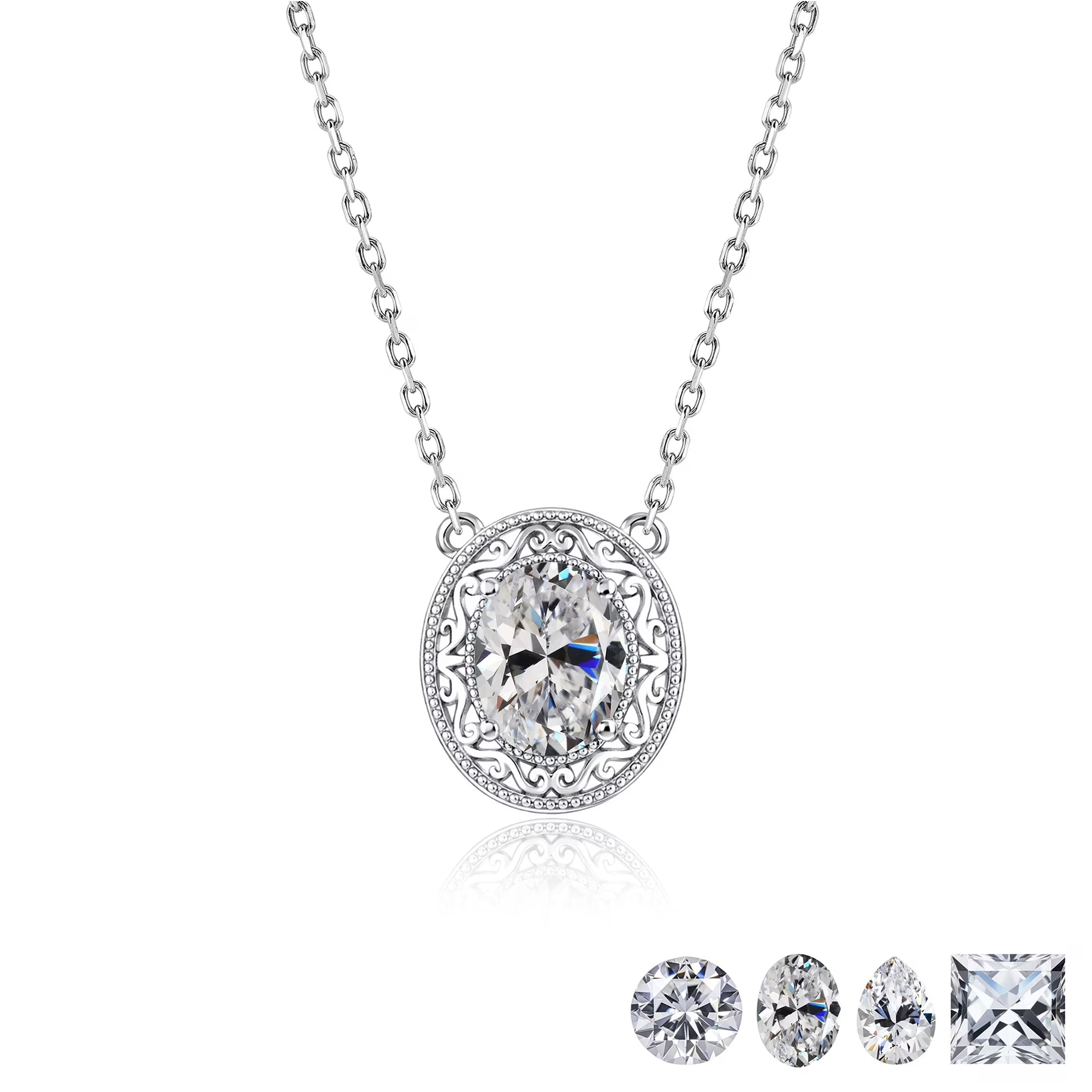 JeenMata 2 Carat Classic Oval Filigree Moissanite Pendant Necklaces - in 18K White Gold Plating Jewelry Necklace for Women