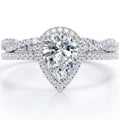 JeenMata 1.25 Carat Pear Cut Lab Grown Diamond Bridal Ring Set in 10K White Gold - Halo Engagement Ring and Wedding Band Set for Women