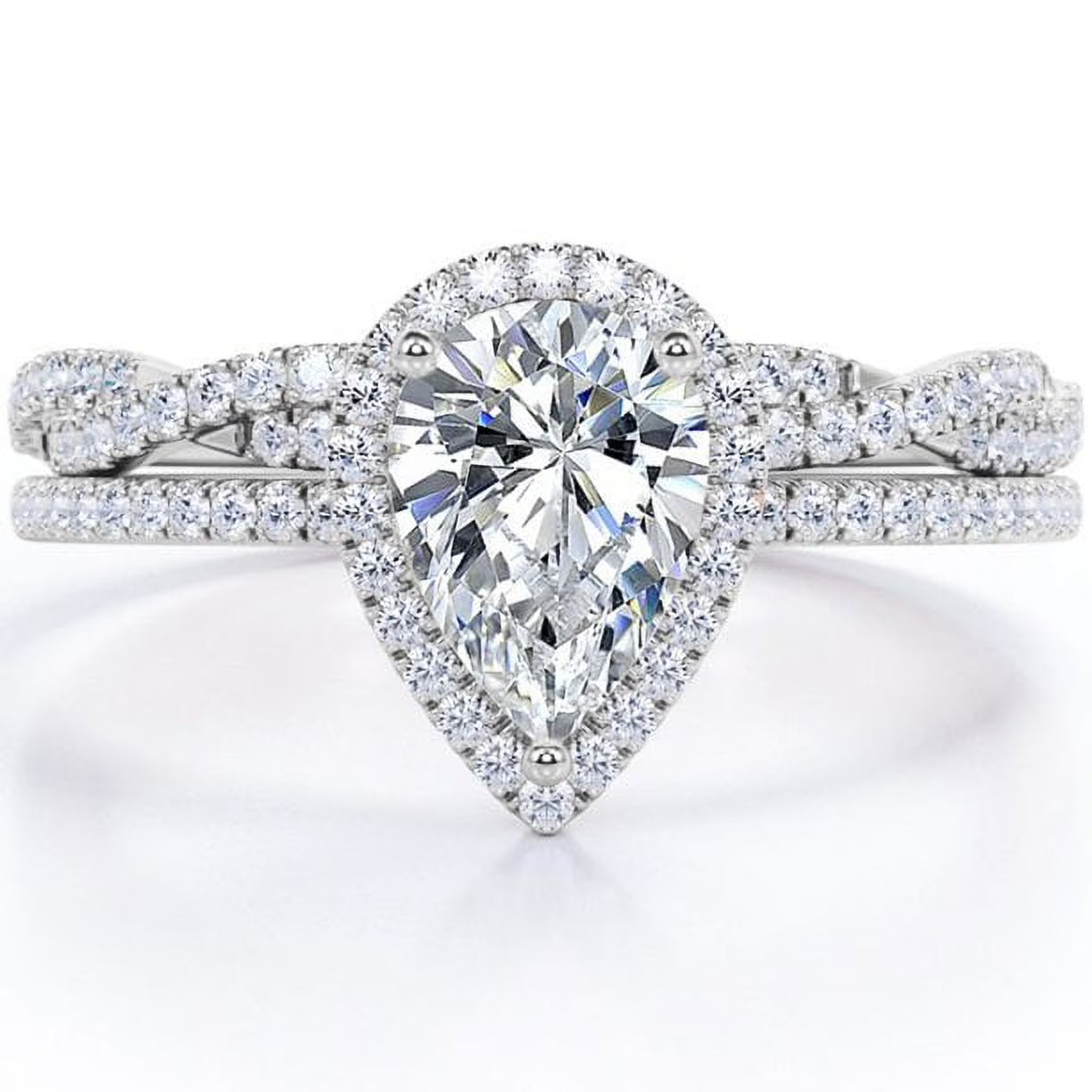 JeenMata 1.25 Carat Pear Cut Lab Grown Diamond Bridal Ring Set in 10K White Gold - Halo Engagement Ring and Wedding Band Set for Women