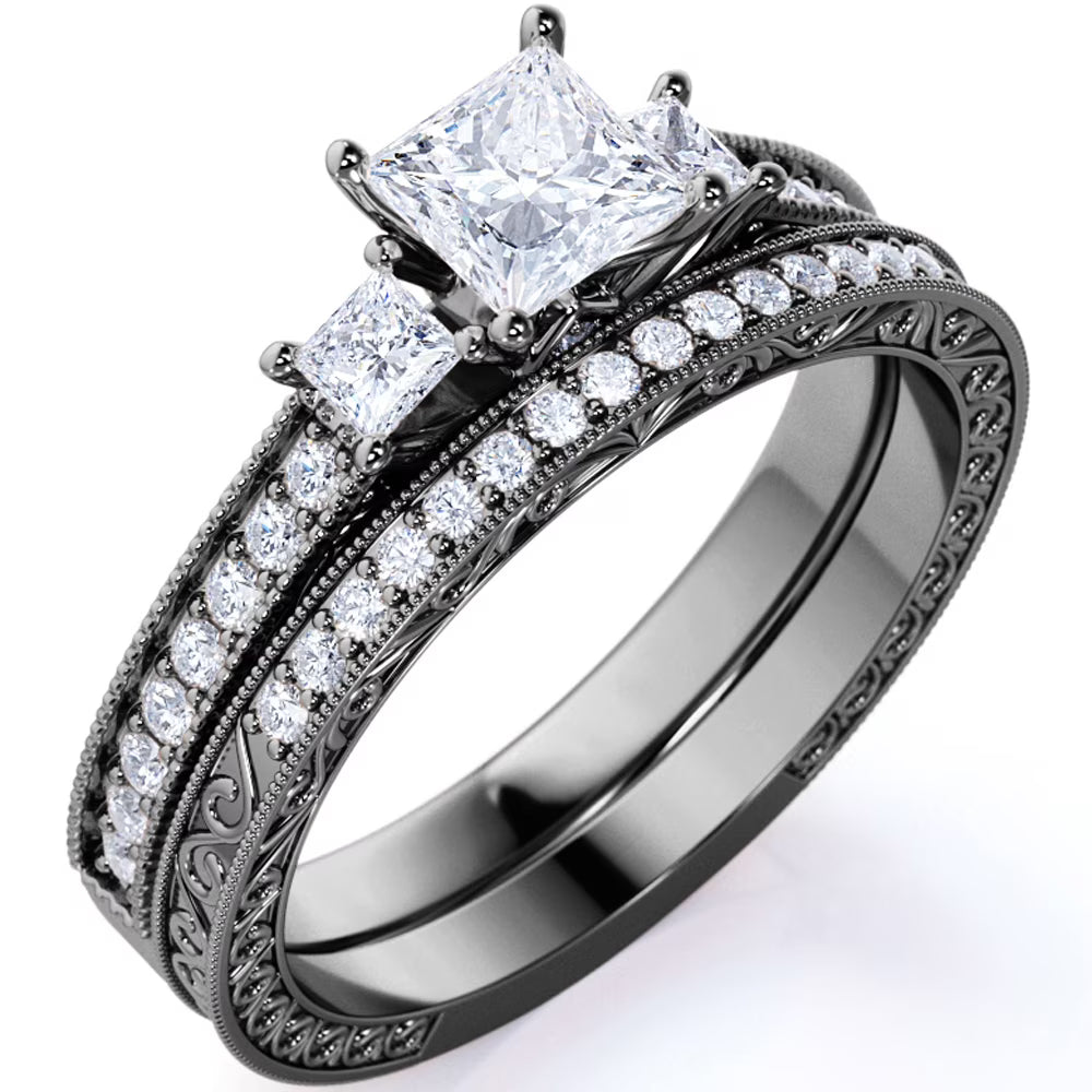 JeenMata 1.25 ct - Princess Cut Moissanite - Pave - Three Stone Ring - Victorian Style - Vintage Gothic Wedding Ring Set in 18K Black Gold Plating for Women