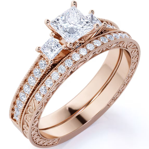JeenMata 1.25 ct - Princess Cut Moissanite - Pave - Three Stone Ring - Victorian Style - Vintage Wedding Ring Set in 18K Rose Gold Plating for Women