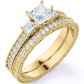 JeenMata 1.25 ct - Princess Cut Moissanite - Pave - Three Stone Ring - Victorian Style - Vintage Wedding Ring Set in 18K Yellow Gold Plating for Women