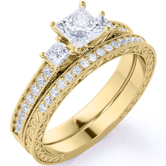 JeenMata 1.25 ct - Princess Cut Moissanite - Pave - Three Stone Ring - Victorian Style - Vintage Wedding Ring Set in 18K Yellow Gold Plating for Women