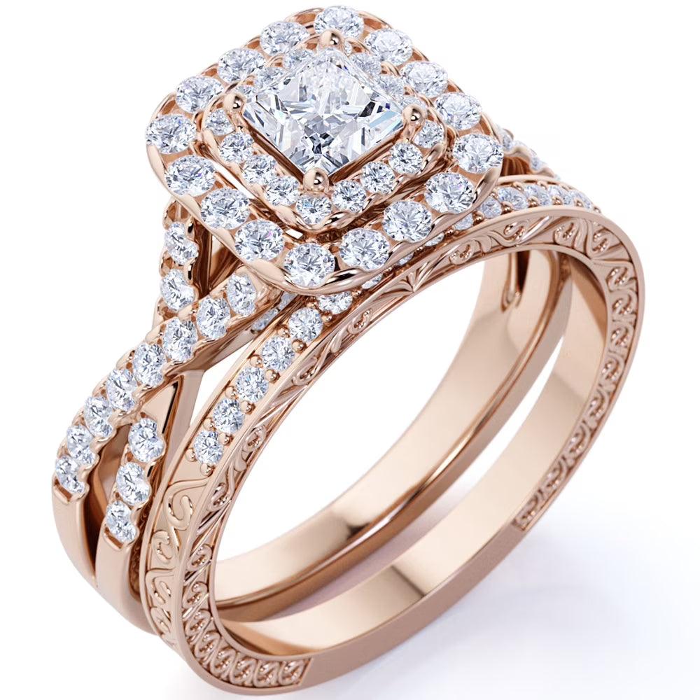 JeenMata 1.25 Carat Square Moissanite Engagement Ring for Women, Double Halo Bridal Wedding Ring Set with Twisted Band in 18K Rose Gold Plated